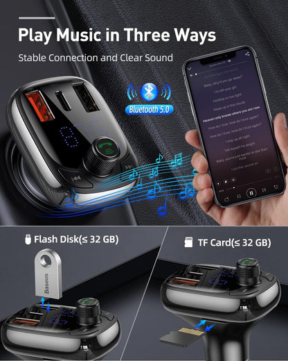 Baseus Bluetooth FM Transmitter, Bluetooth 5.0 Car Radio Adapter MP3 Player Wireless Hands-Free Kit, Car Cigarette Lighter Charger with 3 USB Ports (PD3.0 & QC3.0), Support TF Card/USB Stick