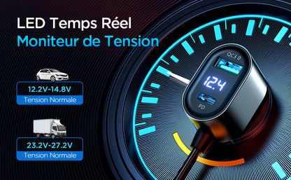 JOYROOM 9-in-1 Car Cigarette Lighter Adapter, 210W DC 12V/24V USB C Cigarette Lighter Socket, QC 3.0 & 5 Ports PD3.0 36W Car Charger, Voltage Display by LED for Tablet/iPhone/GPS