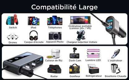 JOYROOM 9-in-1 Car Cigarette Lighter Adapter, 210W DC 12V/24V USB C Cigarette Lighter Socket, QC 3.0 & 5 Ports PD3.0 36W Car Charger, Voltage Display by LED for Tablet/iPhone/GPS