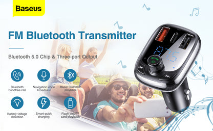Baseus Bluetooth FM Transmitter, Bluetooth 5.0 Car Radio Adapter MP3 Player Wireless Hands-Free Kit, Car Cigarette Lighter Charger with 3 USB Ports (PD3.0 & QC3.0), Support TF Card/USB Stick