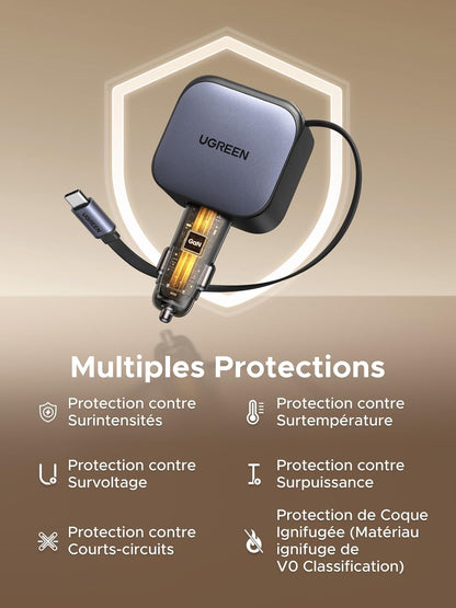 UGREEN Nexode 60W Retractable Car Charger USB C PPS PD QC 3.0 Compact Fast Charging Car Charger Compatible with iPhone 17 Pro Max Air 16 15 14 13 12 Galaxy S25 Ultra iPad Pro Air