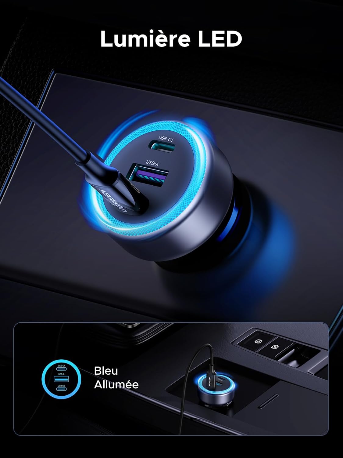 UGREEN USB C Car Charger 3 Ports 30W PD QC 3.0 Fast Car Charger with LED Cigarette Lighter Socket Compatible with iPhone 17 Pro Max Air 16 15 14 13 12 Galaxy S25 Ultra Plus S24 Pixel 9 8