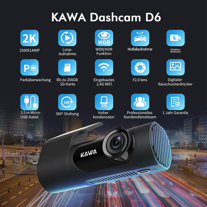 KAWA 2K Car Dashcam, Mini In-Car Camera, Full QHD 1440p WiFi Dashcam, Super Night Vision, 145° Wide Angle, G-Sensor, WDR, Cyclic Recording, Up to 256G, D6
