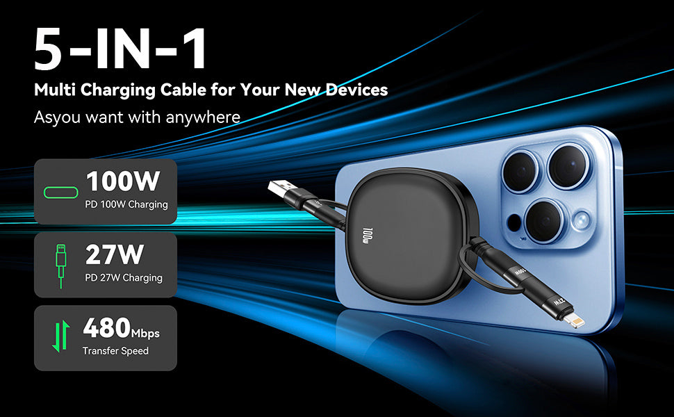 Minlu 5 in 1 Charging Cable, 100W Retractable Multi Tip Charger Cable, USB C and Data Transfer Cable, USB-C/A to Lightning/Type C for iPhone, iPad Pro/Air, Galaxy, Pixel