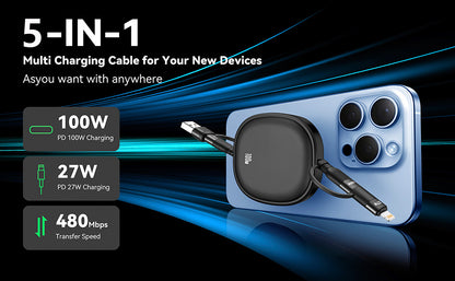 Minlu 5 in 1 Charging Cable, 100W Retractable Multi Tip Charger Cable, USB C and Data Transfer Cable, USB-C/A to Lightning/Type C for iPhone, iPad Pro/Air, Galaxy, Pixel