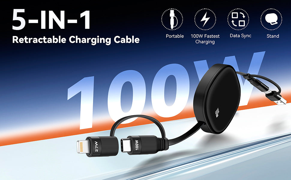 Minlu 5 in 1 Charging Cable, 100W Retractable Multi Tip Charger Cable, USB C and Data Transfer Cable, USB-C/A to Lightning/Type C for iPhone, iPad Pro/Air, Galaxy, Pixel