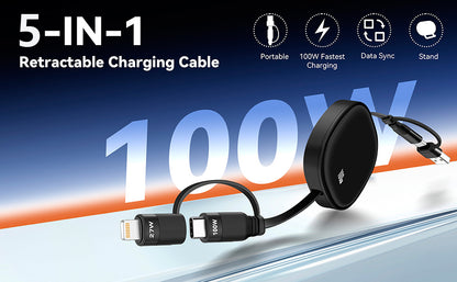 Minlu 5 in 1 Charging Cable, 100W Retractable Multi Tip Charger Cable, USB C and Data Transfer Cable, USB-C/A to Lightning/Type C for iPhone, iPad Pro/Air, Galaxy, Pixel