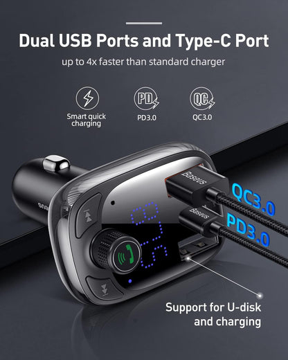 Baseus Bluetooth FM Transmitter, Bluetooth 5.0 Car Radio Adapter MP3 Player Wireless Hands-Free Kit, Car Cigarette Lighter Charger with 3 USB Ports (PD3.0 & QC3.0), Support TF Card/USB Stick