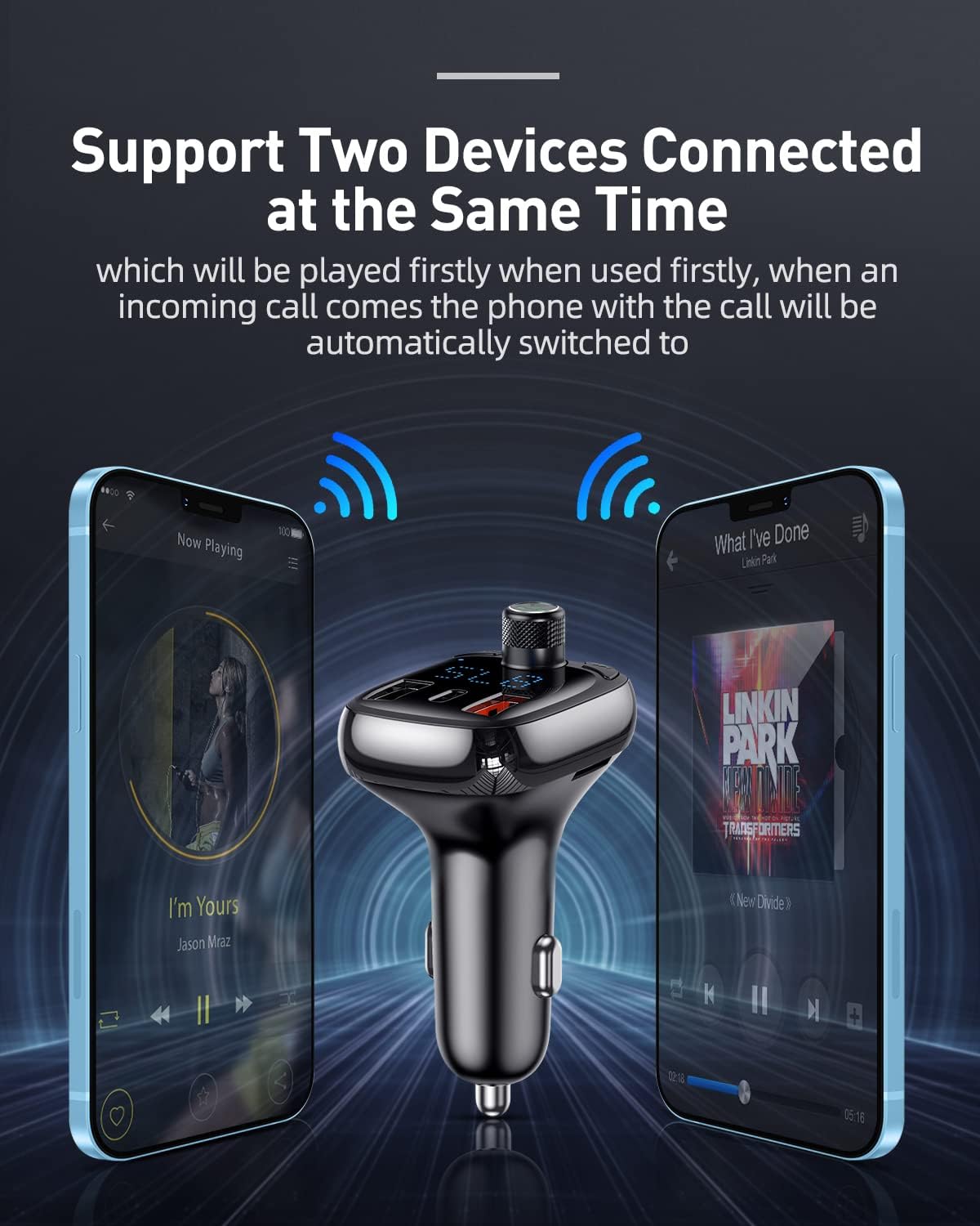 Baseus Bluetooth FM Transmitter, Bluetooth 5.0 Car Radio Adapter MP3 Player Wireless Hands-Free Kit, Car Cigarette Lighter Charger with 3 USB Ports (PD3.0 & QC3.0), Support TF Card/USB Stick